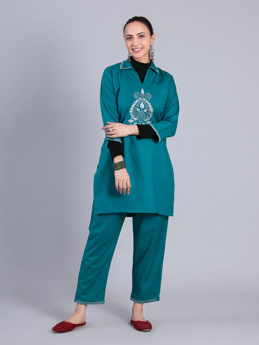 Rama green Embroidered Cashmelon Kurti set