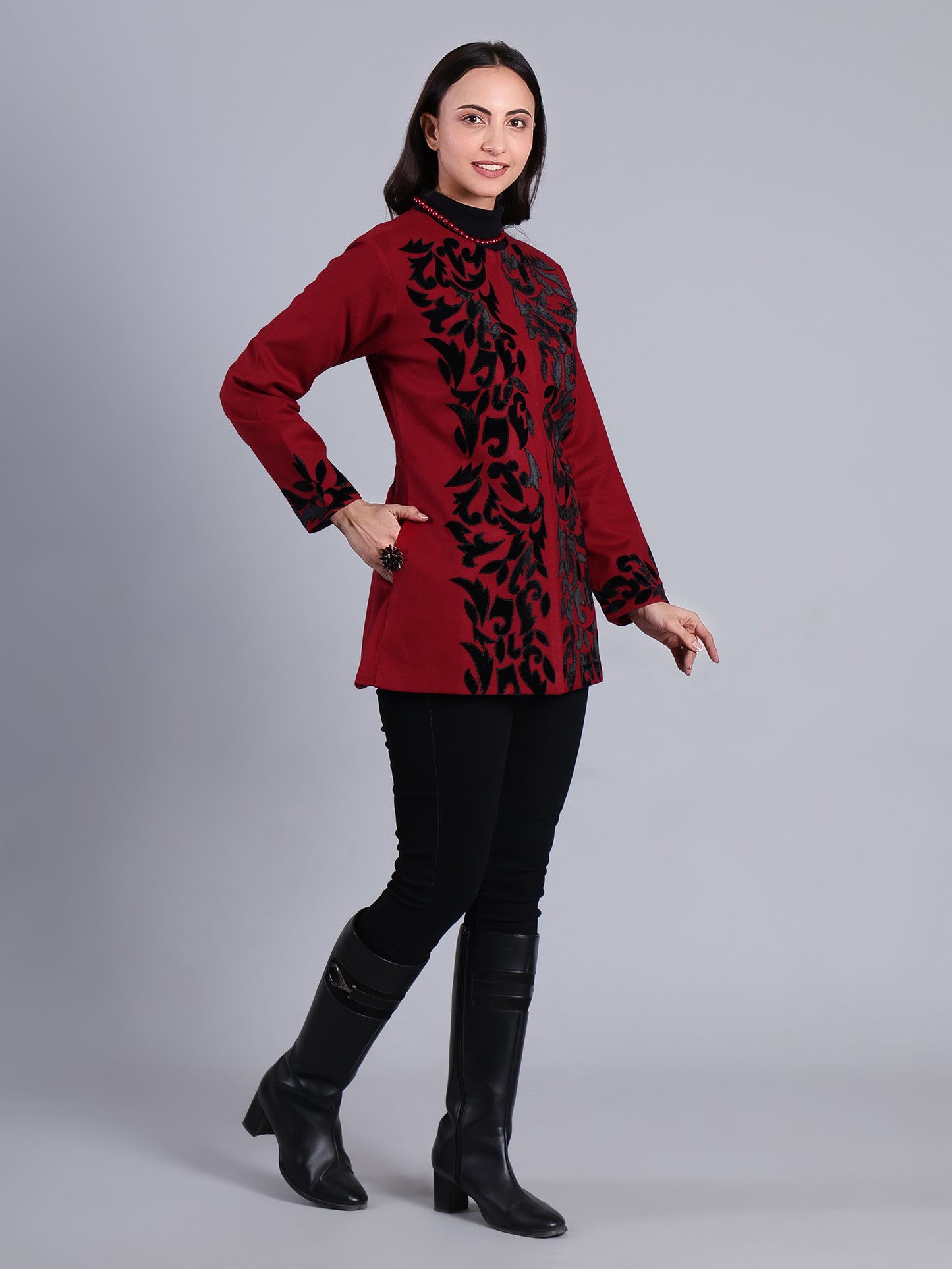 Maroon Embroidered Power Blazer