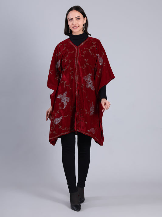 Maroon  Velvet Embellished Front Open Banjo/Poncho Jacket