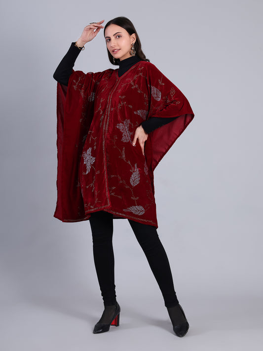 Maroon  Velvet Embellished Front Open Banjo/Poncho Jacket