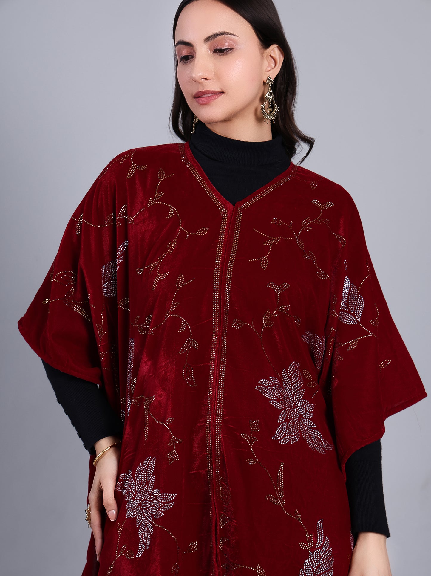 Maroon  Velvet Embellished Front Open Banjo/Poncho Jacket