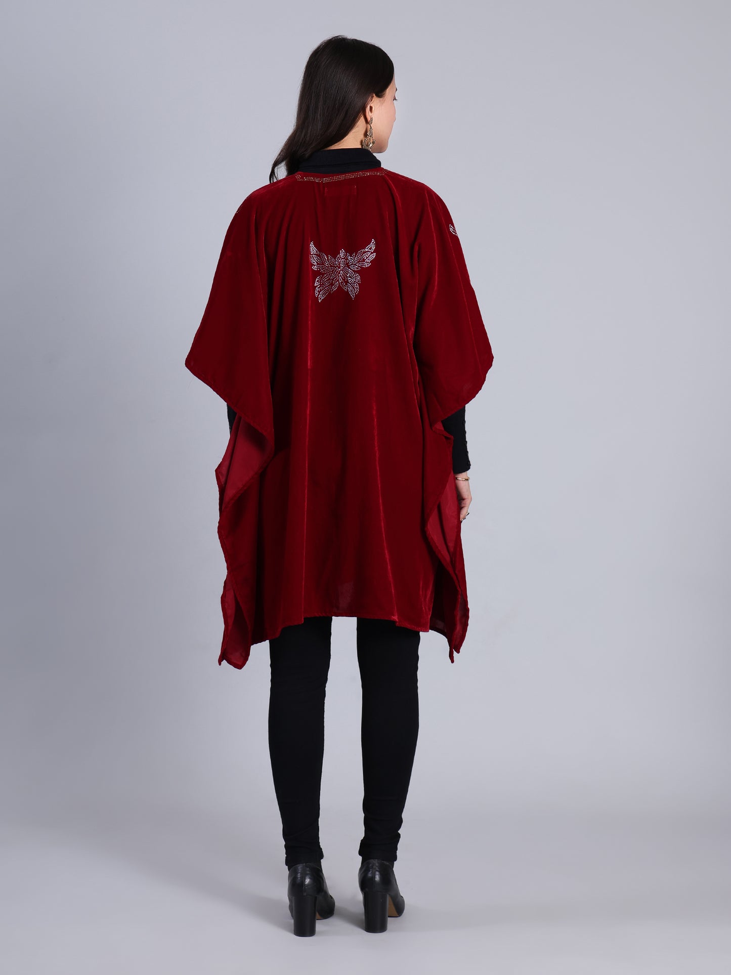 Maroon  Velvet Embellished Front Open Banjo/Poncho Jacket