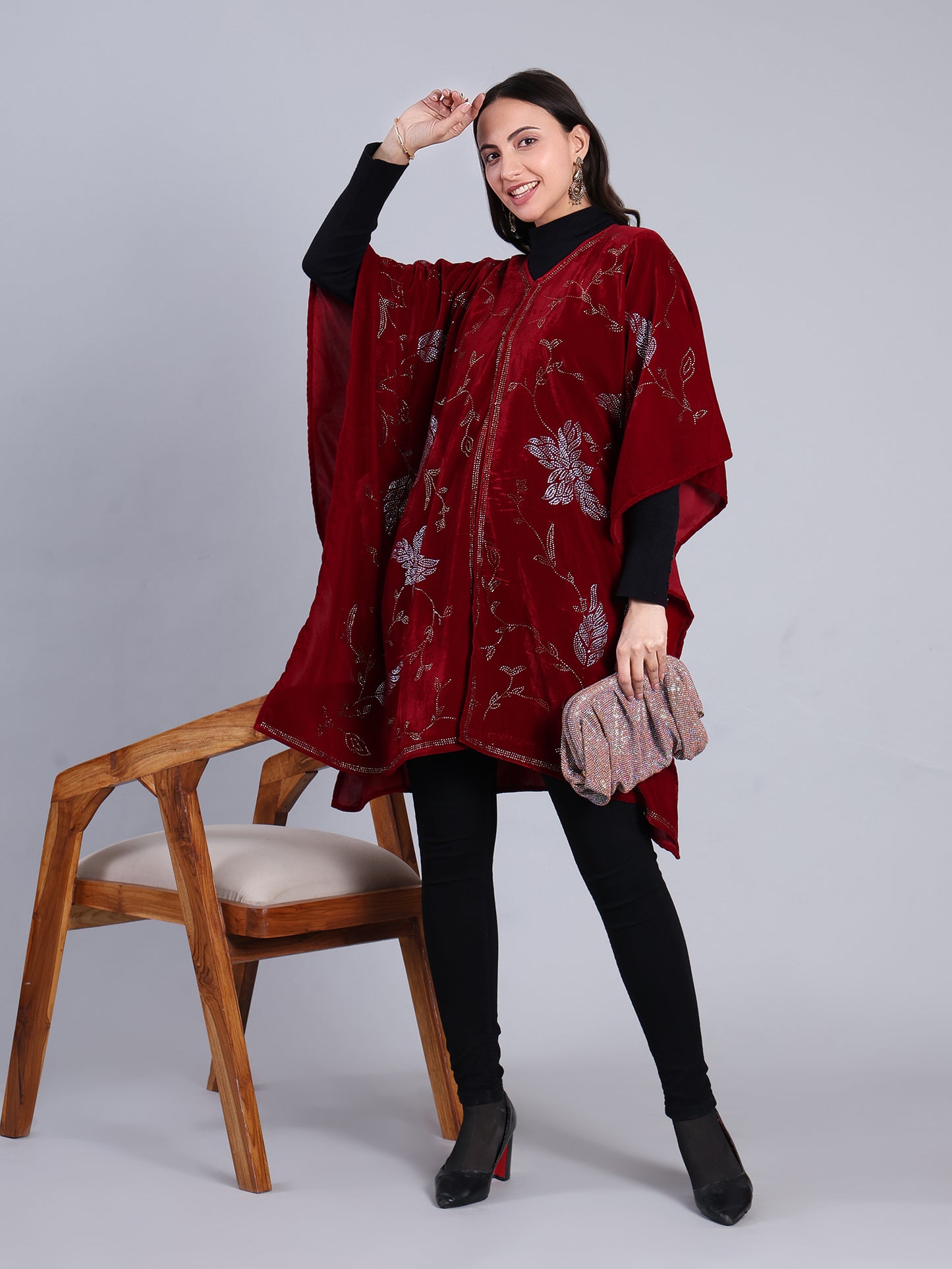 Maroon  Velvet Embellished Front Open Banjo/Poncho Jacket