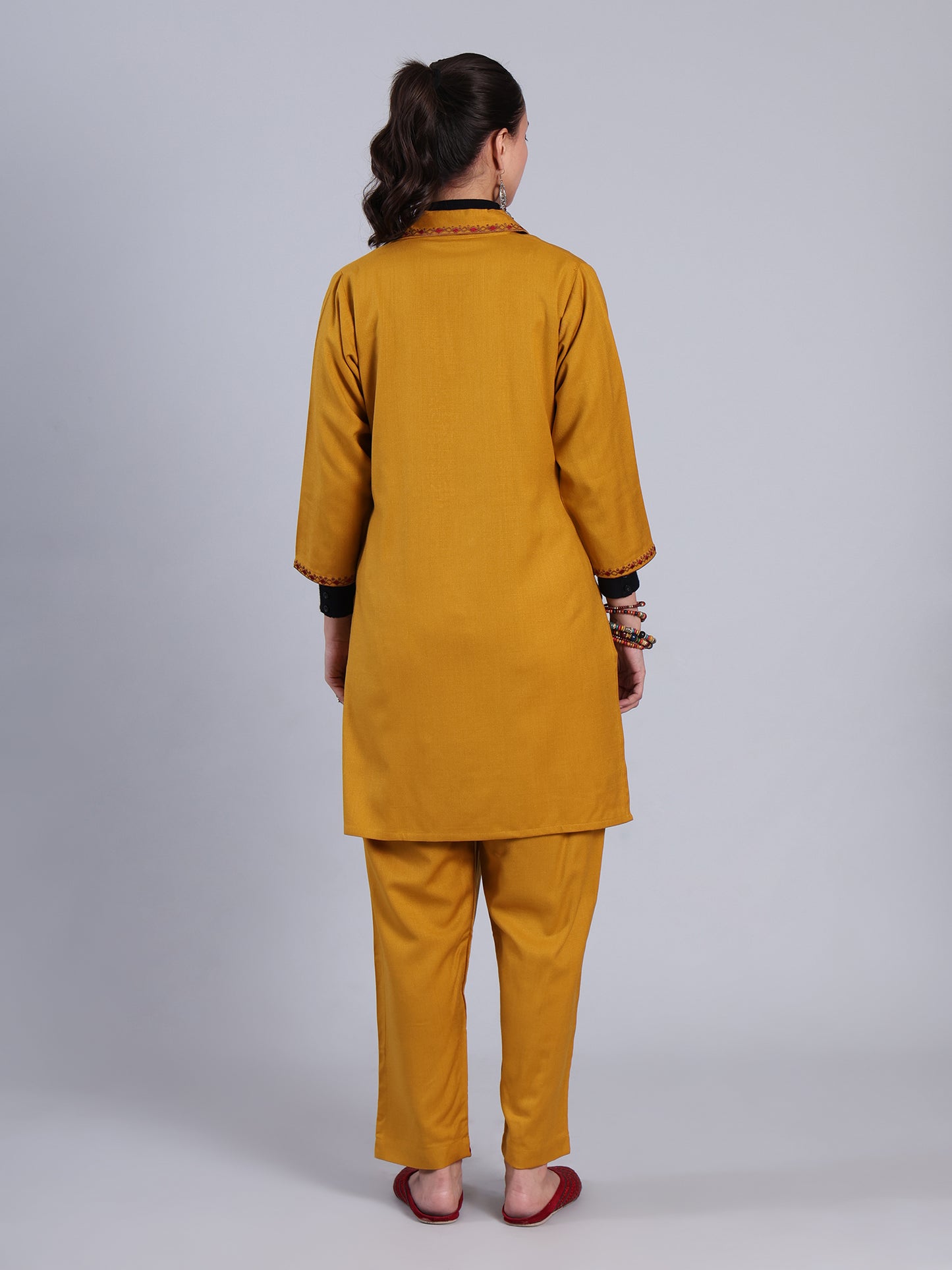 Mustard Yellow Embroidered Cashmelon Kurti set