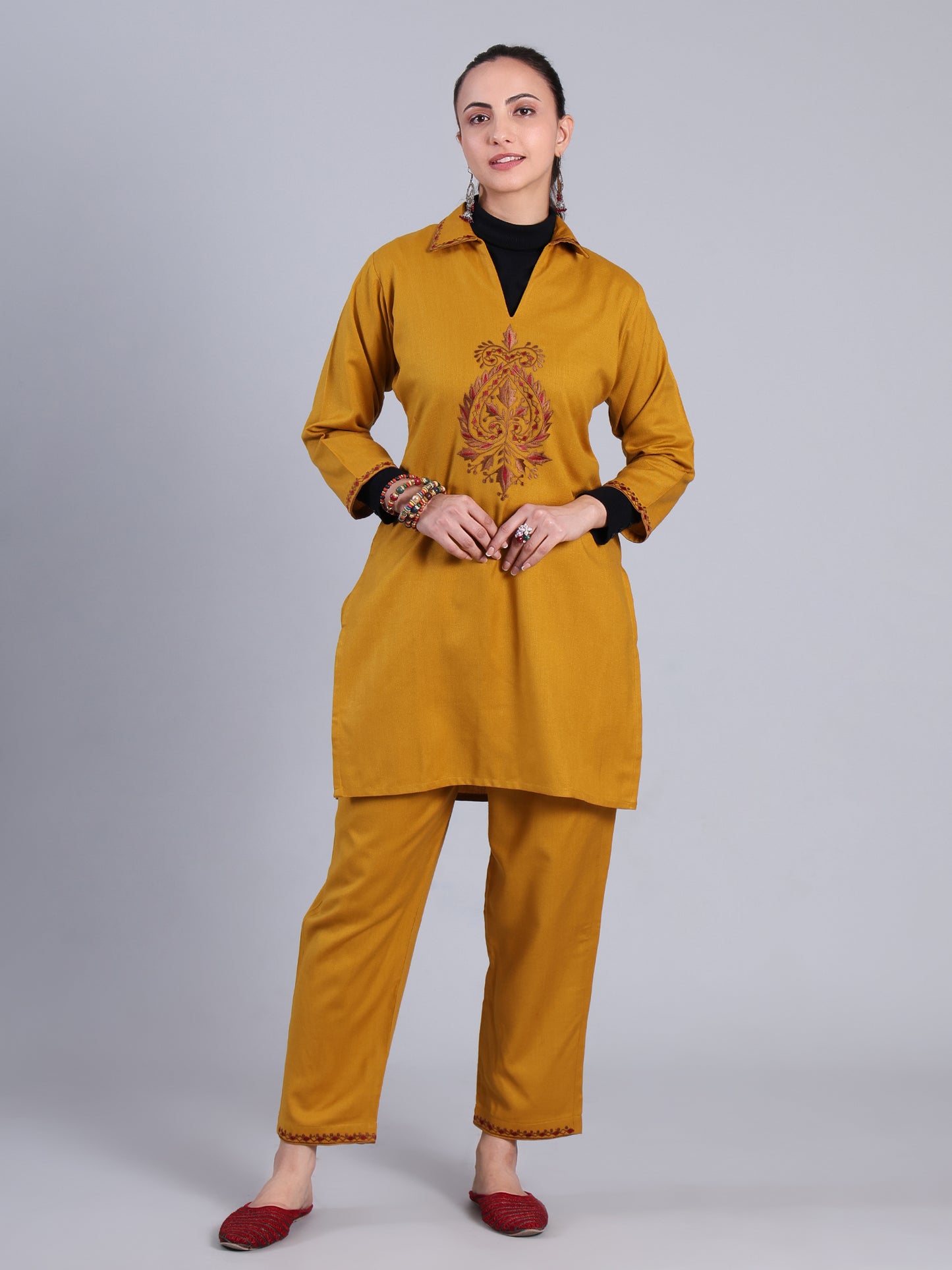 Mustard Yellow Embroidered Cashmelon Kurti set