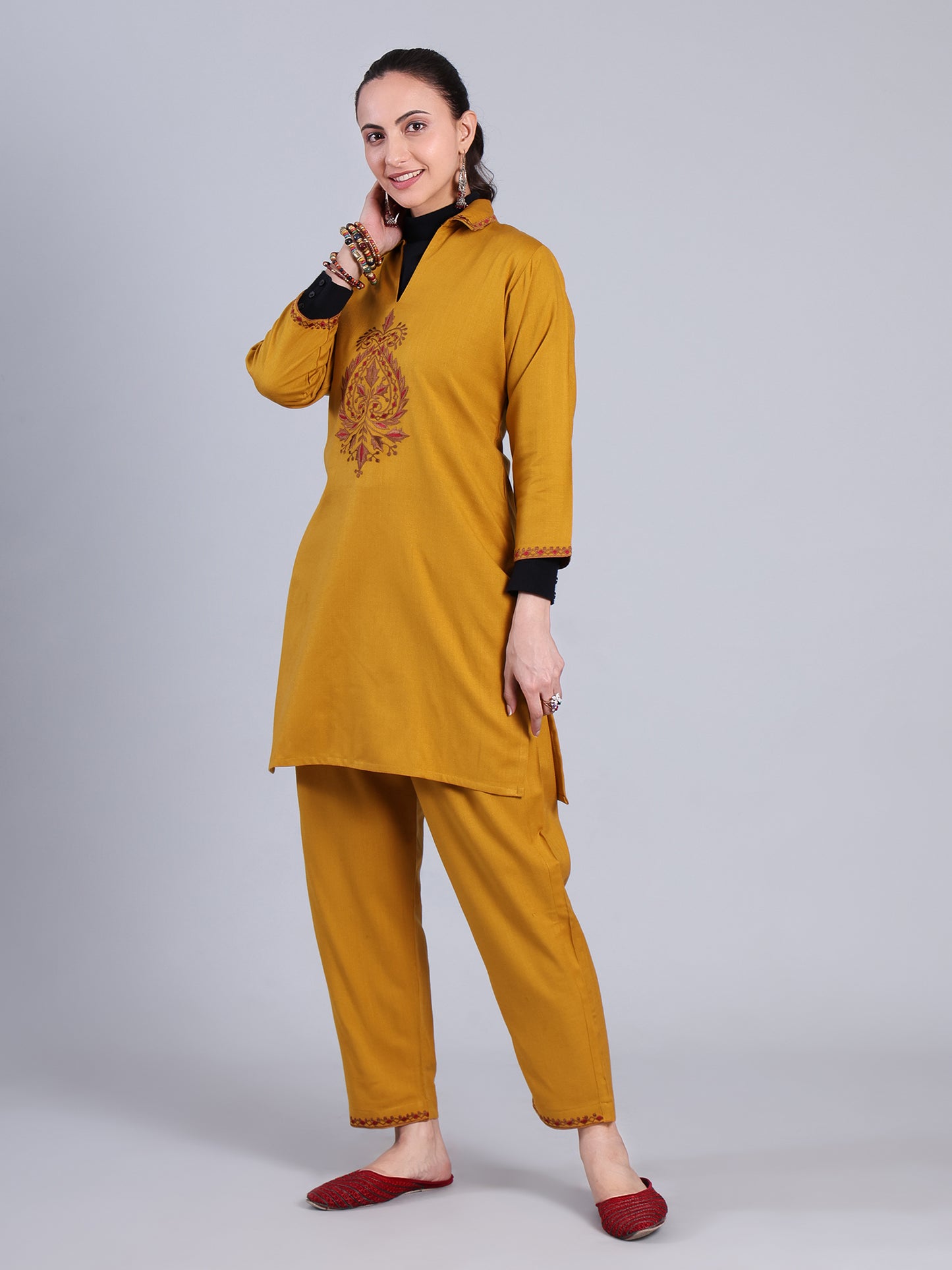 Mustard Yellow Embroidered Cashmelon Kurti set