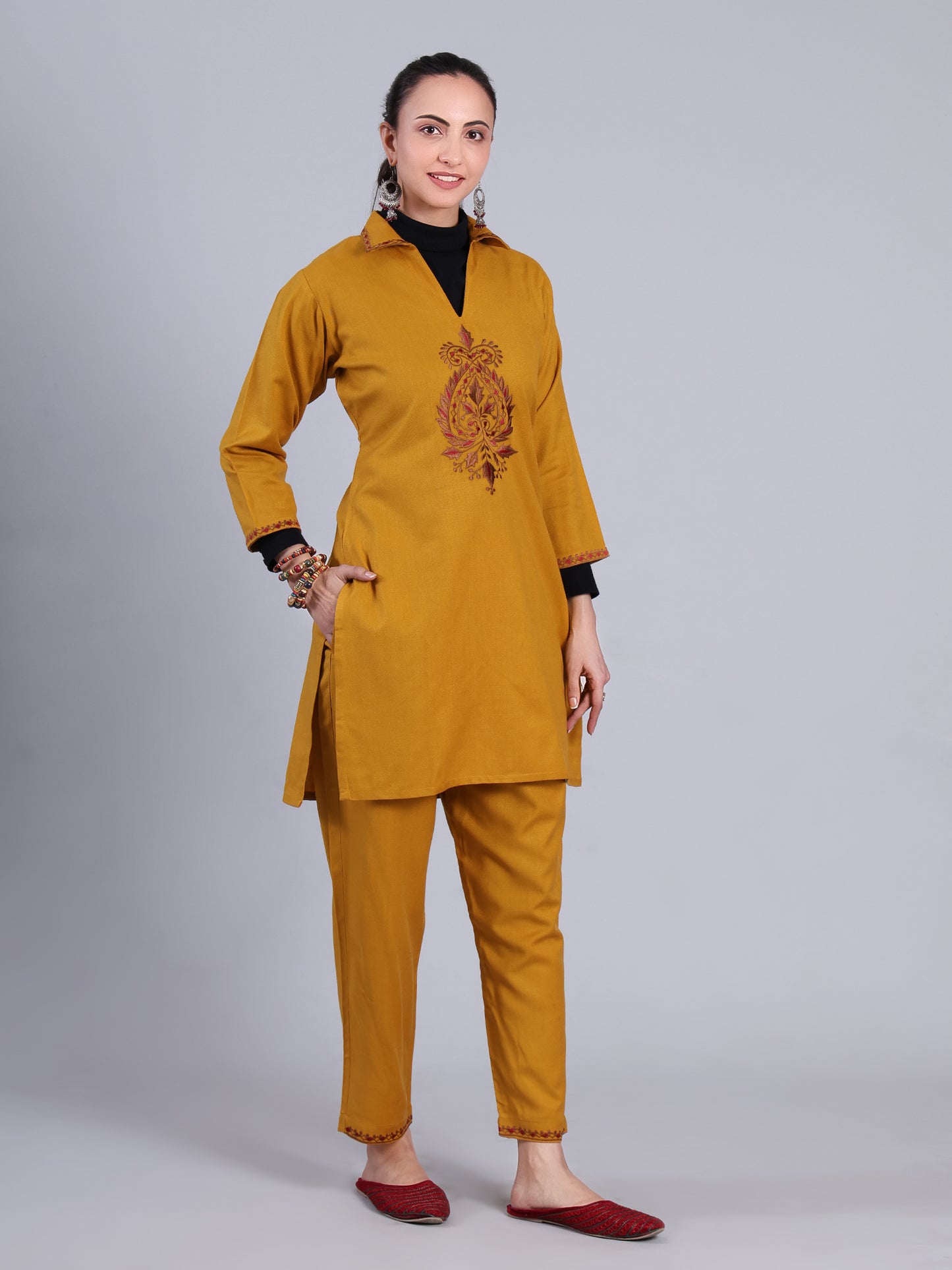 Mustard Yellow Embroidered Cashmelon Kurti set