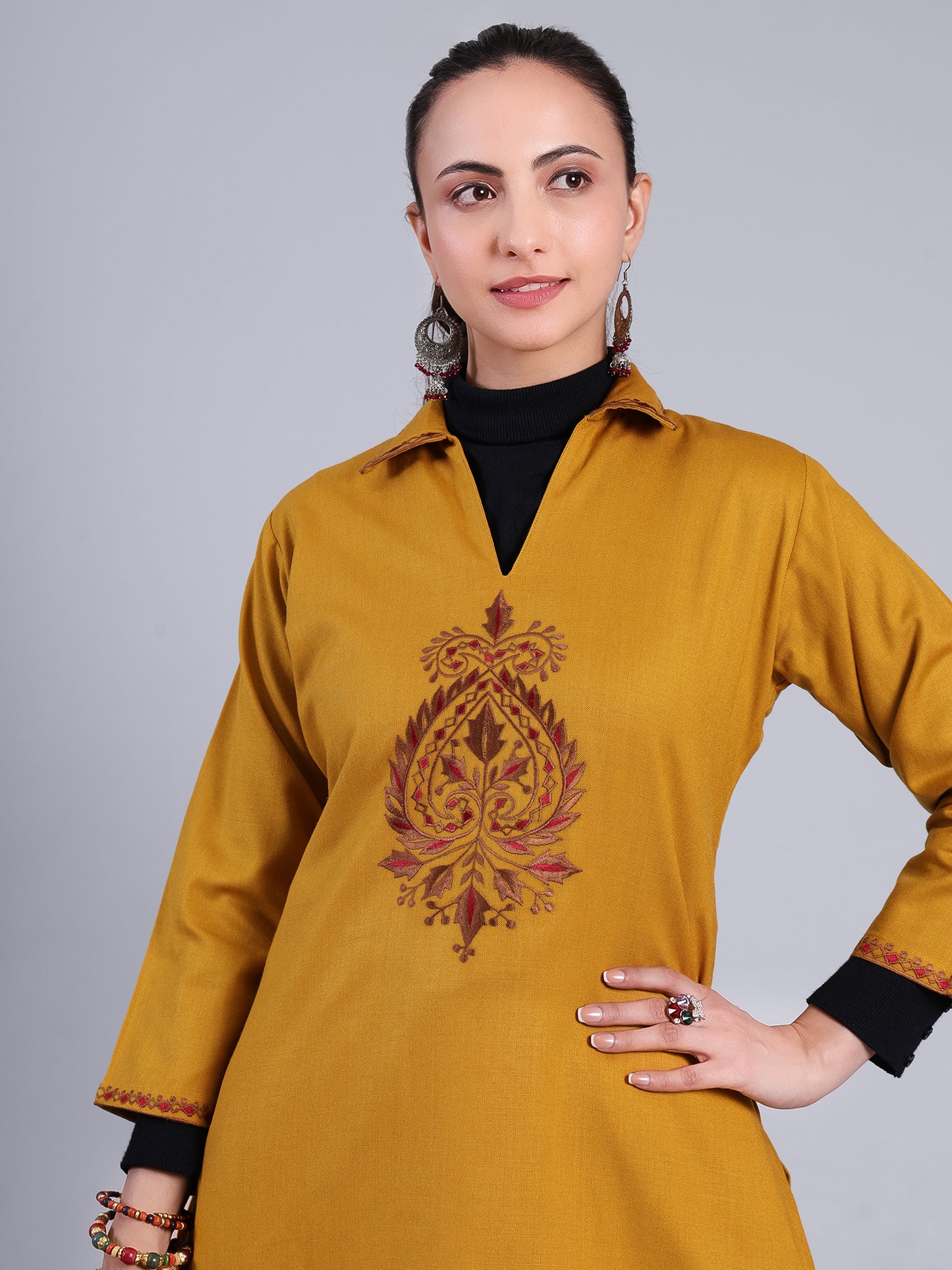 Mustard Yellow Embroidered Cashmelon Kurti set