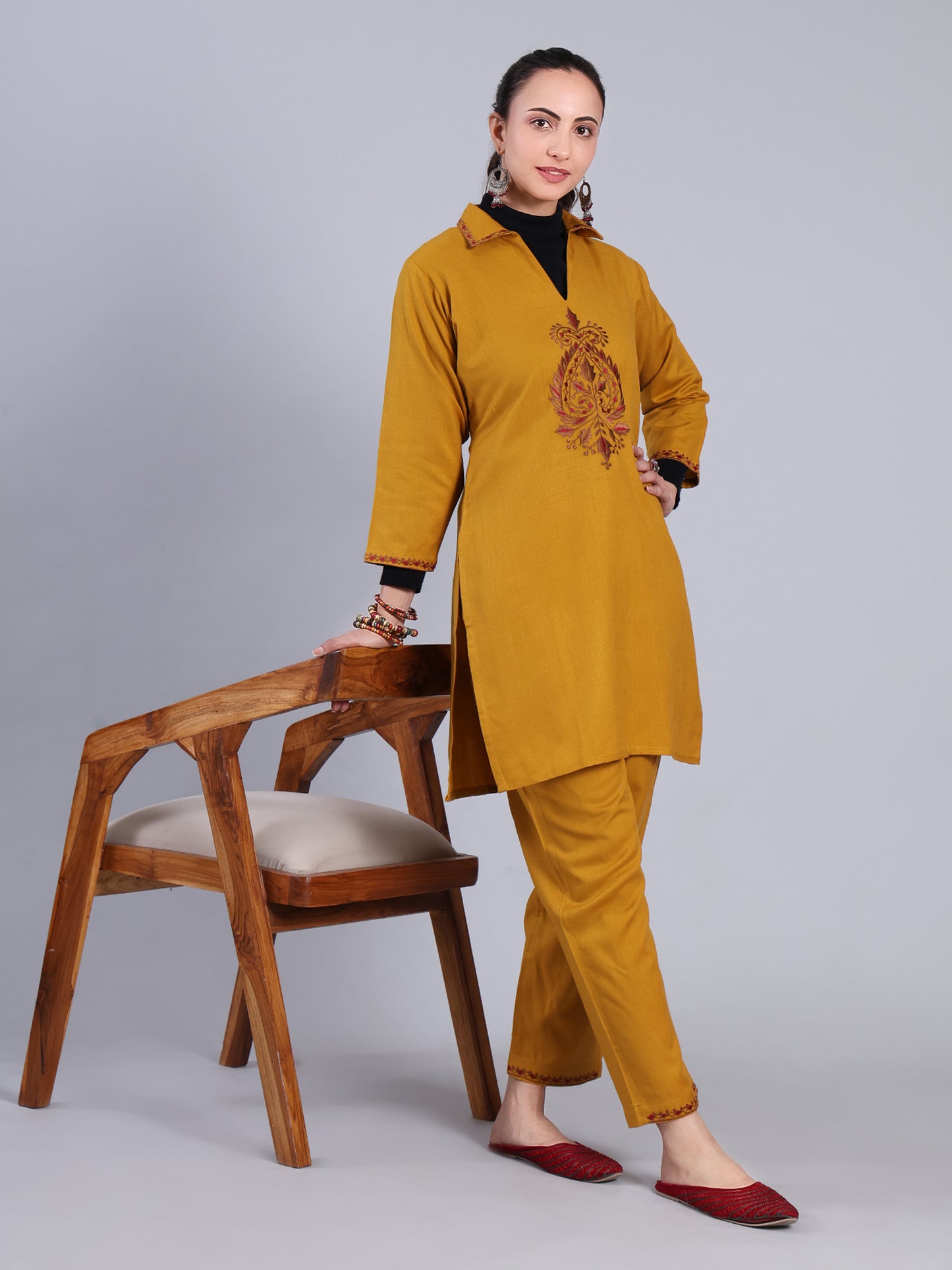 Mustard Yellow Embroidered Cashmelon Kurti set