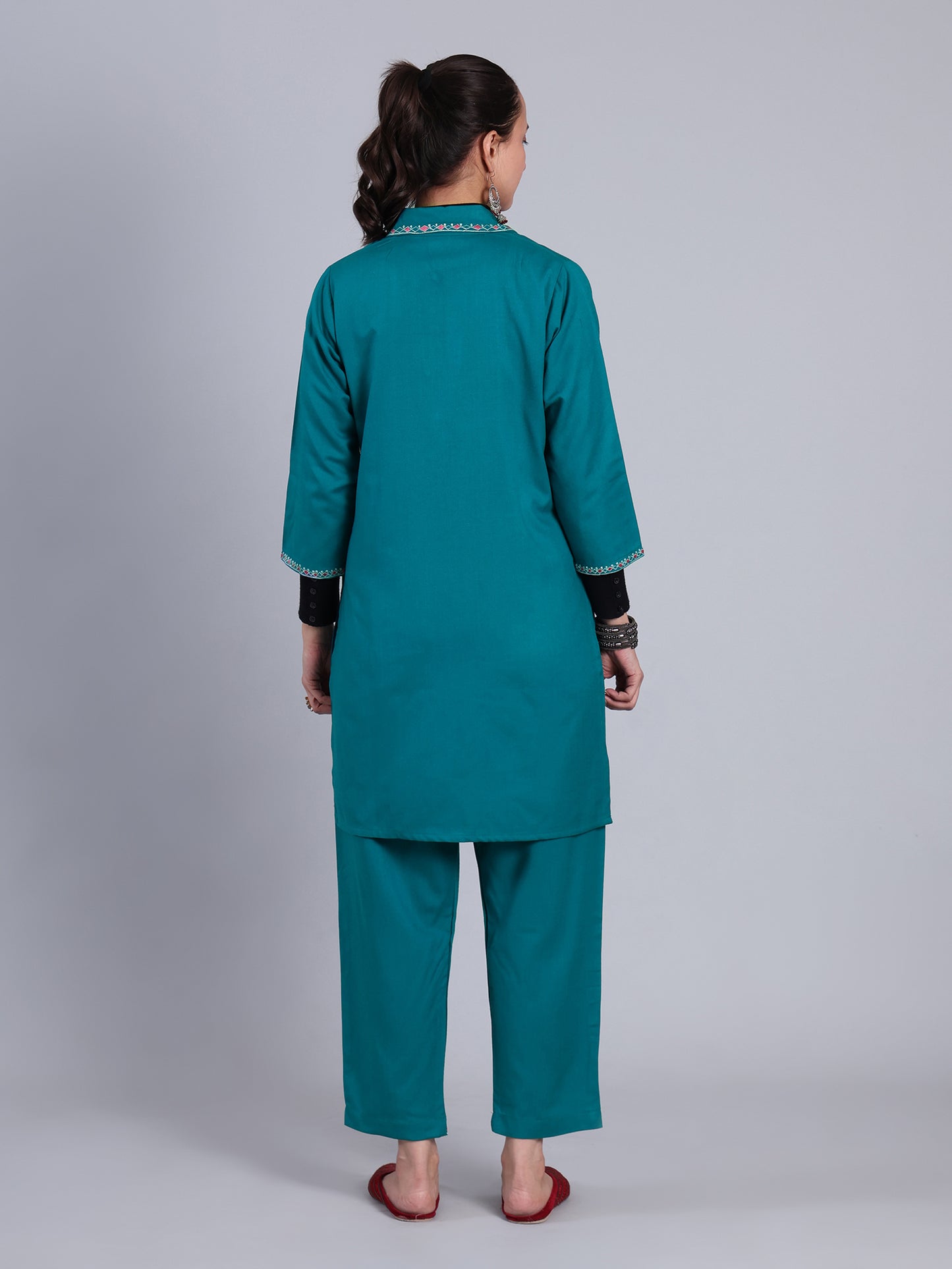 Rama green Embroidered Cashmelon Kurti set