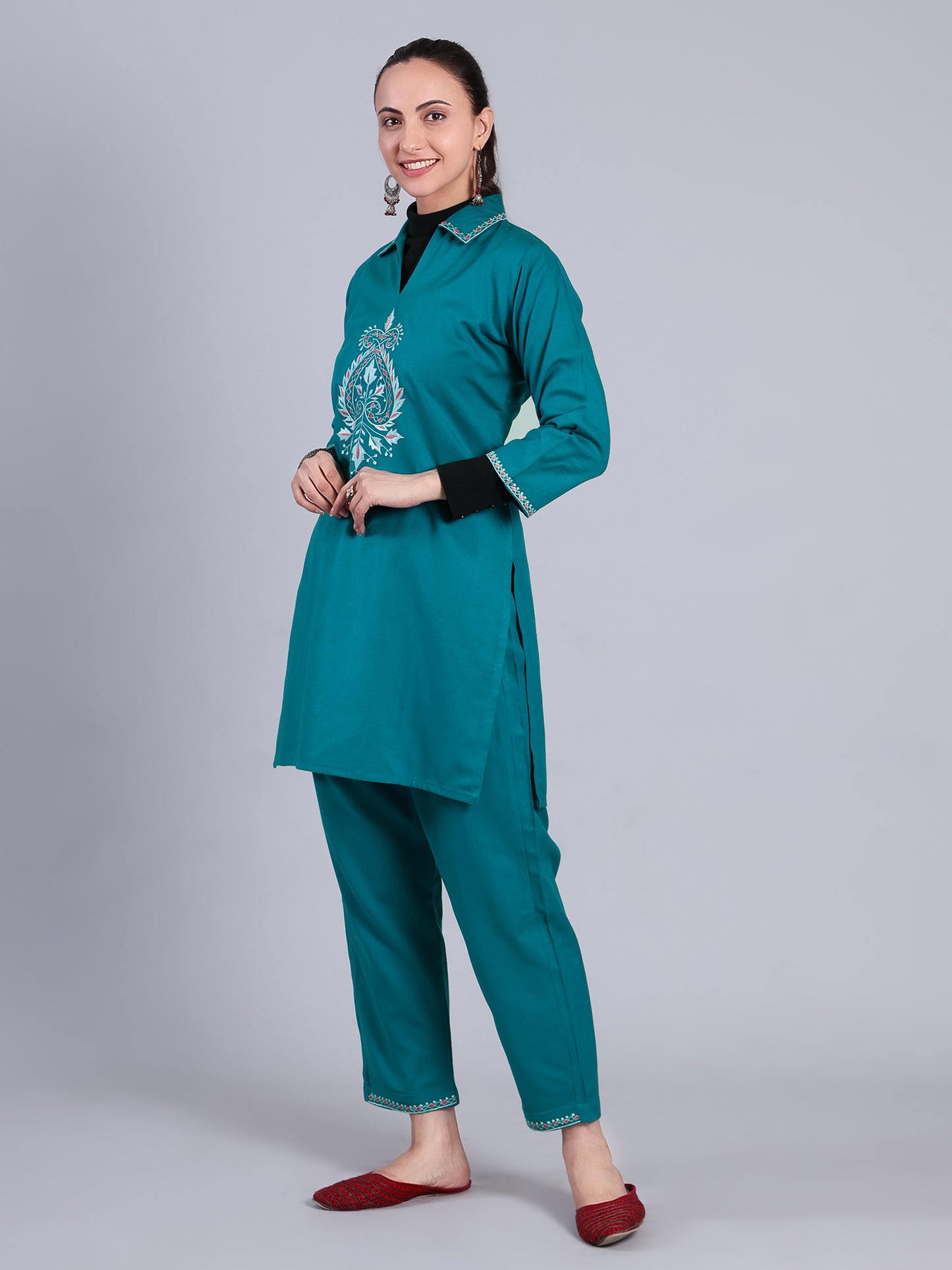 Rama green Embroidered Cashmelon Kurti set