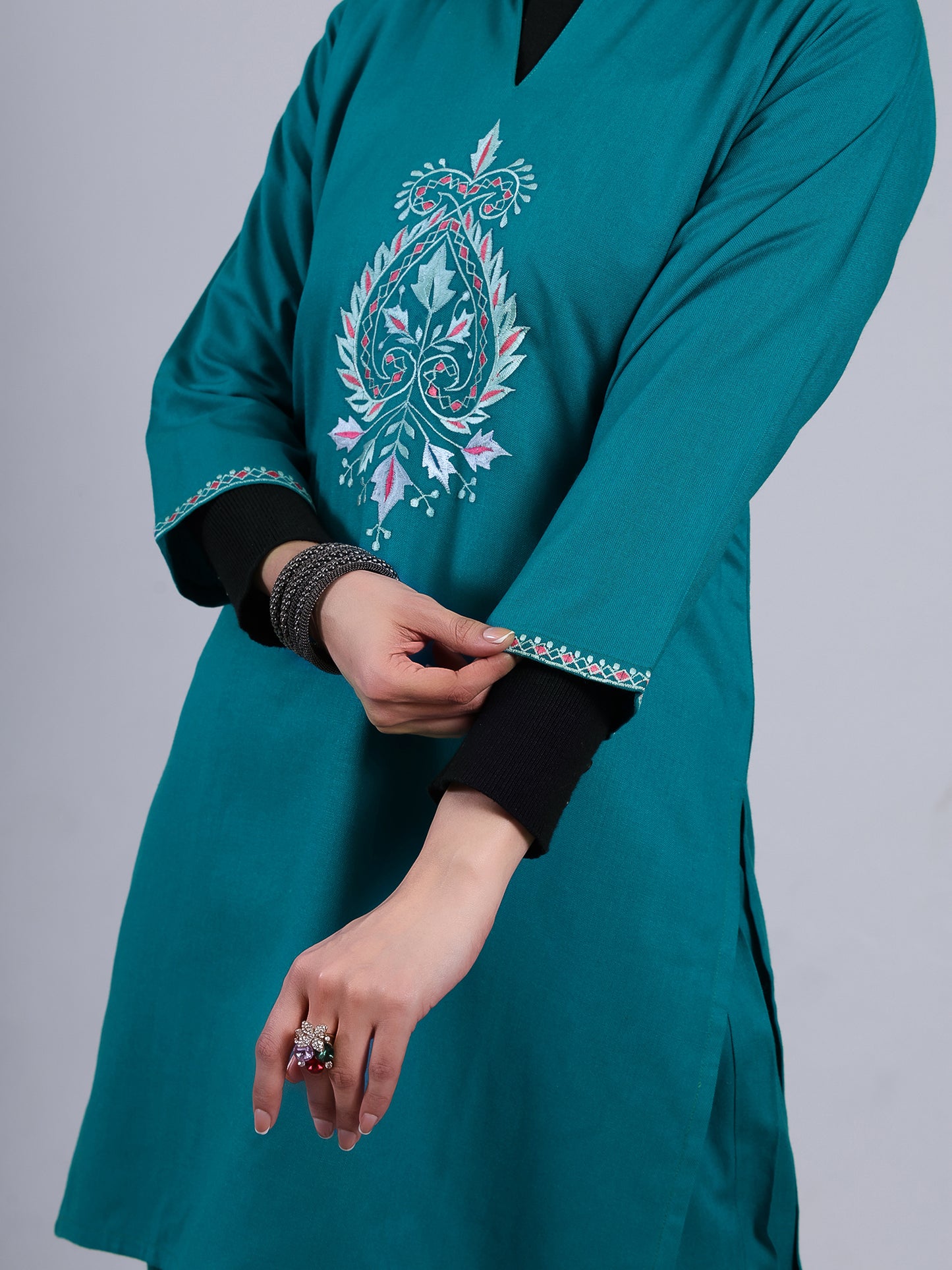Rama green Embroidered Cashmelon Kurti set