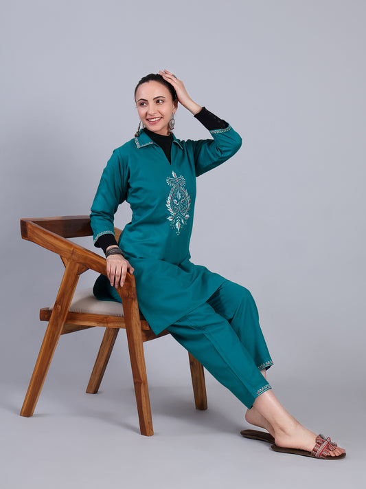 Rama green Embroidered Cashmelon Kurti set
